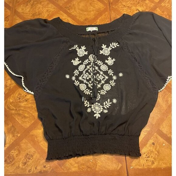 Flying Tomato Embroidered Peasant Top S Small Black Ivory Batwing Sleeve Sheer - Picture 4 of 6